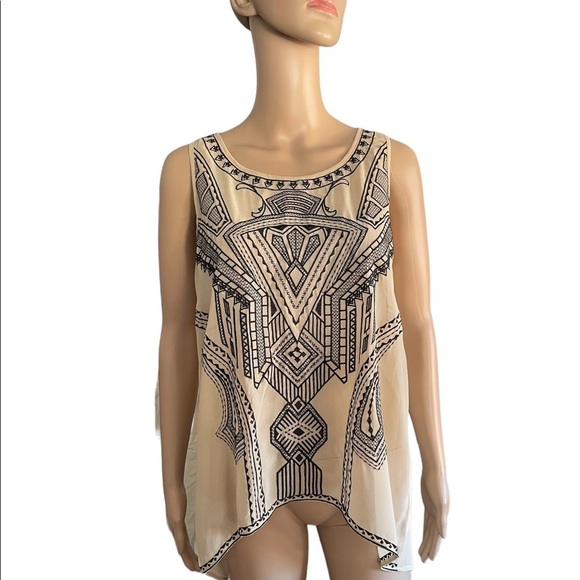 Buttons Black and Tan sleeveless embroidered mesh tanks size large - Picture 1 of 8